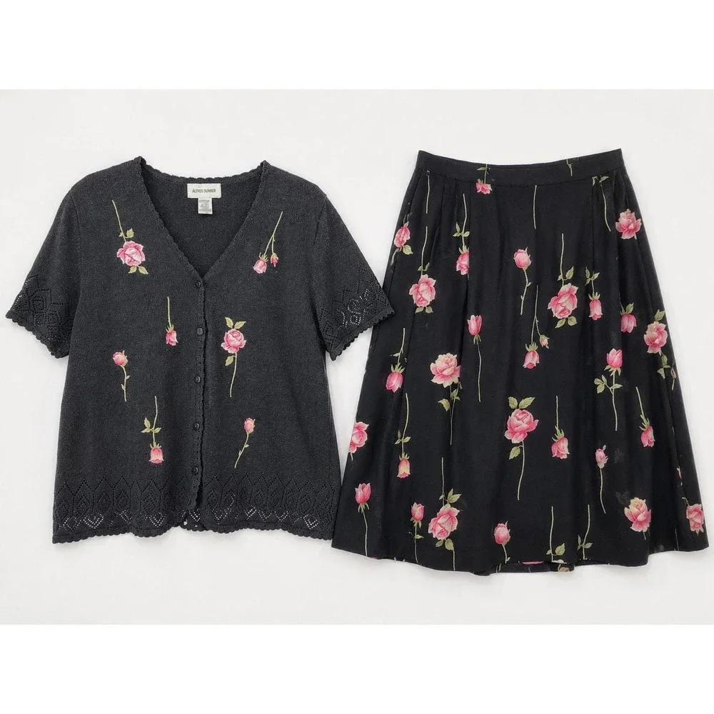 Alfred Dunner Vintage Floral Embroidered Cardigan Skirt Set Black Pink Rose L/18